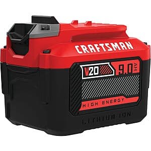 Craftsman V20 9Ah lithium-ion battery pack with integrated LED charge indicator display.