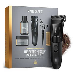 MANSCAPED Beard Hedger Essentials Kit containing a black cordless trimmer, beard care products, comb, and scissors.