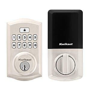 Satin Nickel Kwikset SmartCode 260 keyless electronic keypad deadbolt with motorized locking mechanism mounted on a door.