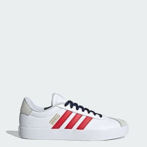 adidas Men's VL Court 3.0 shoes in Cloud White, Better Scarlet, and Team Navy colorway.