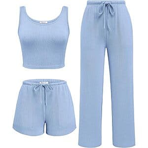 3-Pc Ekouaer Women's Lounge Crop Top Shorts & Pants Set w/ Pockets (Various) $12