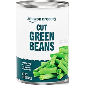 14.5-ounce can of Amazon Grocery Cut Green Beans with white label and green text on a white background.