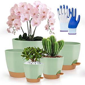 5-Pk PHANCIR Self Watering Plant Pots w/ Nitrile Gloves (7", 6.5", 6", 5.5" & 5") $15