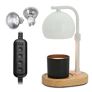 White dimmable candle warmer lamp with integrated timer and two included bulbs.