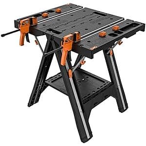 Worx Pegasus 2-in-1 folding work table and sawhorse in black and yellow, shown in folded compact form.