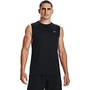 Under Armour Men's Velocity Muscle Tank Top in black and pitch gray colorways displayed flat or on model for large and 3X-large sizes.
