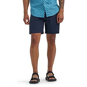 Wrangler Outdoor Men's Performance 7-inch flat front shorts in Black Ink and Dark Sapphire with relaxed fit and flex waistband.