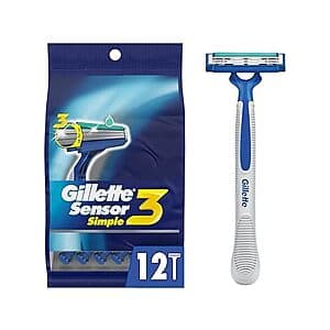 Sensor3 Simple Men's Disposable Razors 12-count pack with blue and white packaging.