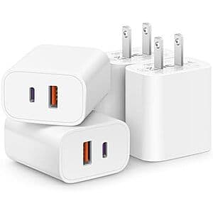 4pk CXX 2-Port 20W USB-C + QC 3.0 USB-A Wall Adapters $10