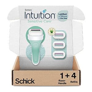 Schick Intuition Sensitive Skin Women's Razor with pink and white handle, 4 blade cartridge surrounded by aloe and vitamin E infused conditioning solid, shown with refill pack.