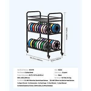 Carbon steel 3-tier mobile spool rack with swivel wheels, powder-coated finish, adjustable feet, and capacity for 60 spools across three shelves.