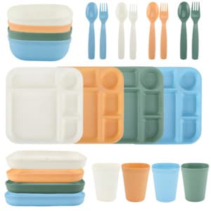 Your Zone 24-Piece Kids Plastic Square Dinnerware Set, 4 Each Trays, Bowls, Plates, Cups, Forks, Spoons in Various Colors $5 + Free S&H w/ Walmart+ or on $35+ $4.99