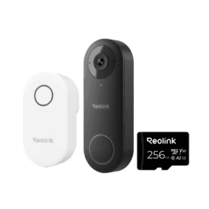 Reolink Smart 2K+ WiFi Video Doorbell in black with white chime unit, 256GB microSD card, and 15° wedge kit included.