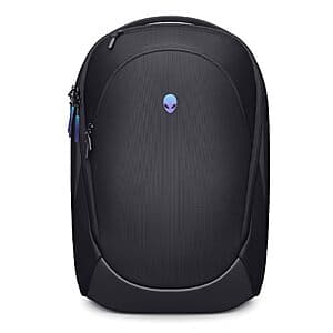 Black Alienware 28-liter capacity backpack with Alienware branding and logo on the front.