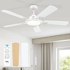 TCL 52-inch modern ceiling fan available in white and black with integrated dimmable LED light fixture and included remote control.