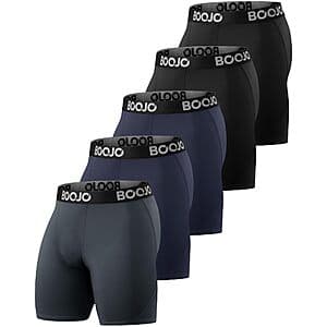 5-pack of black BOOJO men's compression shorts displayed together.