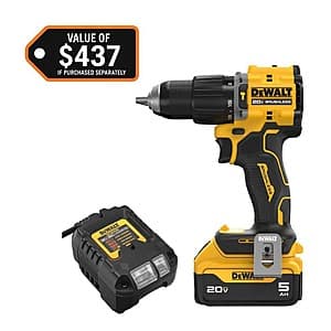 DEWALT ATOMIC 20V cordless hammer drill with charger and 5.0 Ah lithium-ion battery pack in black and yellow.