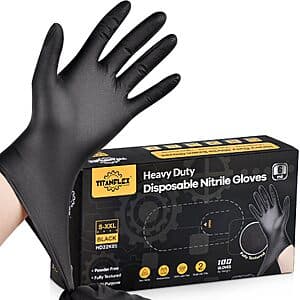 Black nitrile gloves in packaging, TitanFlex brand, 100-count box, textured surface visible on glove exterior.