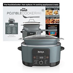 Ninja PossibleCooker PRO multi-cooker in sea salt gray with 8.5-quart nonstick pot, featuring a control panel and lid.