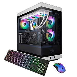 iBUYPOWER Y40 Pro white gaming desktop case with liquid CPU cooler, showcasing a gaming PC with Ryzen 9 9900X and RX 9070XT GPU.