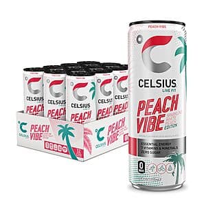 12-Pack 12-Oz Celsius Essential Sparkling Energy Drink (Peach Vibe) $14.15 w/ Subscribe & Save