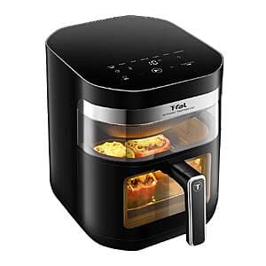 T-fal 7.3QT dual window air fryer with black exterior, dual heating elements, and viewing window for monitoring food during cooking.