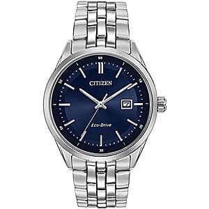 Citizen men's 41mm Classic Addysen watch with blue dial, sapphire crystal, and stainless steel case.