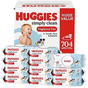 11-Pack 64-Count Huggies Simply Clean Baby Wipes (Fragrance Free) $10.90 w/ Subscribe & Save