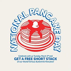 IHOP National Pancake Day Offer: Short Stack of Buttermilk Pancakes (Dine-In) Free to Claim (Valid 3/3 Only from 7AM thru 8PM)