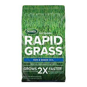 5.6-pound bag of Scotts Turf Builder Rapid Grass Sun & Shade Mix grass seed with product branding and green labeling.