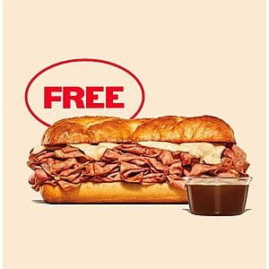 Select Arby's Accounts: Classic French Dip & Swiss Free w/ $5+ Purchase (Valid thru 10/26)