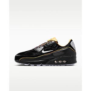 Nike Air Max 90 Mercurial men's sneaker in black with gold leaf, pear, and white accents.