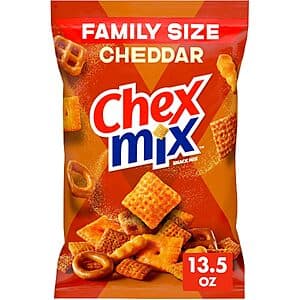 13.5-ounce box of Chex Mix Cheddar Savory Snack Mix with orange and yellow packaging.