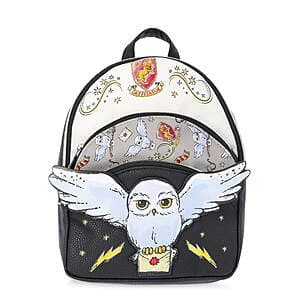 Black mini backpack featuring Harry Potter Owl Post design, 10 inches in size.