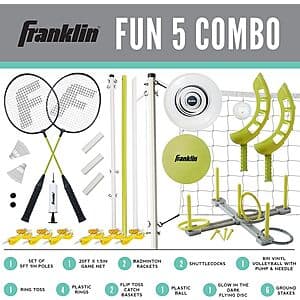 Yellow Franklin Sports outdoor combo set including volleyball, badminton equipment, ring toss game, and flying disc.