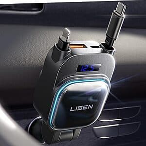 LISEN 4-in-1 Up to 96W Car Charger w/ Retractable USB-C + L Cable $9.90
