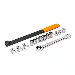 GEARWRENCH 15-piece serpentine belt tool set featuring ratcheting wrench, extension arm, and square adapters in protective case or packaging.