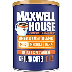 Maxwell House 11-oz bag of Light Roast Breakfast Blend ground coffee with brown and tan packaging.