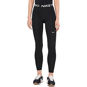 Black and white Nike Women's Pro Mid-Rise Full Length Leggings displayed flat.