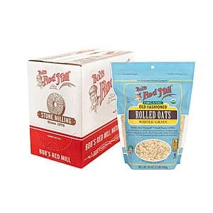Four 16-ounce bags of Bob's Red Mill Organic Old Fashioned Rolled Oats with tan and red branding on the packaging.