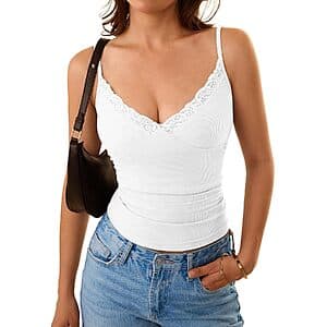 GKBK Women's Lace Trim Ribbed V-Neck Spaghetti Strap Tank Top (various colors) $4