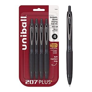 4-pk Uni-Ball 207+ Micro 0.5mm Retractable Gel Pens (black) $4.25 w/ S&S