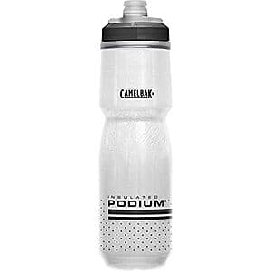 CamelBak Podium Chill 24oz water bottle with white and black finish, featuring a narrow mouth design and carabiner clip attachment.