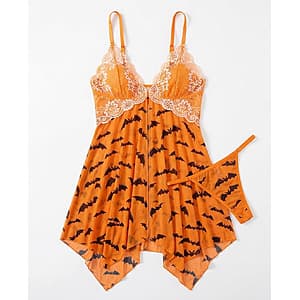 Black lace front closure babydoll chemise with Halloween bat print pattern on transparent fabric, displayed flat.