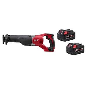 Milwaukee M18 SAWZALL 18V cordless reciprocating saw with two 5.0Ah batteries, charger, and carrying case included.