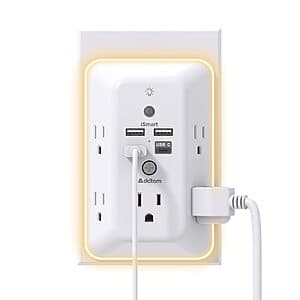 5-Outlet Addtam Surge Protector Multi Plug Outlet Extender w/ Night Light & 4 USB Ports $9