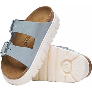 Birkenstock Papillio Arizona Chunky Birko-Flor Platform Sandal in baby blue with thick platform sole and contoured footbed.
