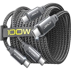 2-Pack 6.6' Jsaux 100W USB-C to USB-C Braided Fast Charging Cable $5.10