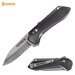 Gerber brand knives including folding and fixed blade models in various styles and finishes.
