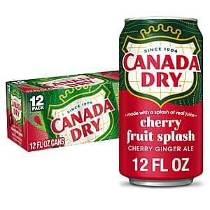 12-pack of 12-oz Canada Dry Cherry Gingerale Fruit Splash cans with red and gold packaging.